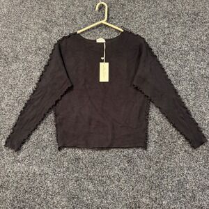 NWT Allie Rose Black Ribbed Lettuce Trim Button Back Sweater Top Women L